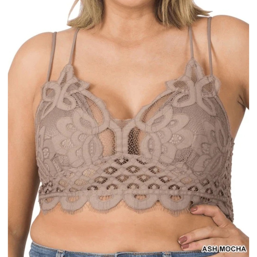 Zenana Floral Lace Bralette Ash‎ Mocha Longline Removable Pads boho 2X